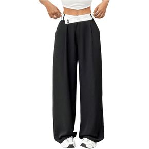 Verdusa Women's Color Block Asymmetrical High Waist Button Trousers Straight Leg Long Pants
