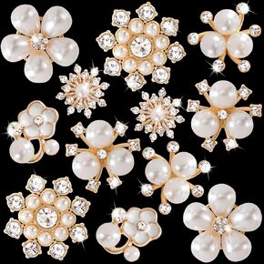 12 PCS Pearl Rhinestone Buttons Embellishments Silver Crystal Wedding Bouquet Brooches Flower Jewelry Charm for Women DIY Clothes Shoes Craft Decoration