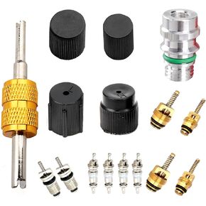 16 PCS Automobile Air Conditioning Valve Core Kit, Valve Core Wrench A/C System Port Seal Cover Repair Accessories, Air Conditioning Pipeline Valve Core Seat, Universal for Cars (Black)