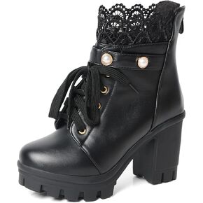 MEOTINA Women Platform Boots Black Chunky Heel Ankle Booties Lace Buckle Combat Boots with Zipper High Heel Goth Shoes