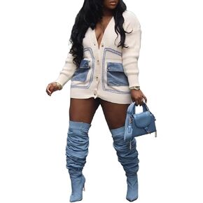 Vaceky Womens Cardigan Sweaters with Denim Pockets Chunky Knit Button Down Oversized Duster Sweaters Coat