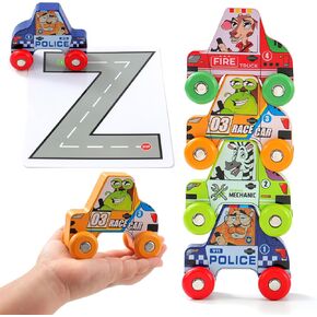 BEKILOLE Jumbo Animal Cars 4 Piece Stacking Wooden Car Playset for Toddlers Preschool Learning Toys for Boys & Girls Birthday Gifts for 1 Year Old and Up (Set B (4 Cars + Numbers Flashcards))