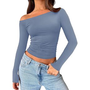 IWD Womens Off Shoulder Long Sleeve Shirts Going Out Boat Neck Tops Slim Fitted Y2k Outfits 2024 Trendy