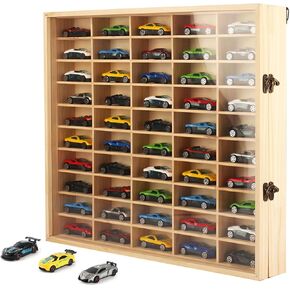 Acrylic Model Car Display Case Wall Mount 1/64 Cars Box Solid Wood Display Store Up to 50 Mini Cars or Figurine (Wooden Color)