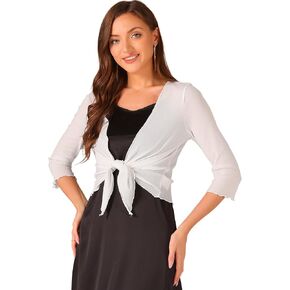 Allegra K Tie Front Shrugs for Women's Evening Wear 3/4 Sleeve Glitter Sheer Mesh Cropped Bolero Shrug