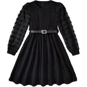 Little Girls Fall Winter Puff Long Sleeve Swiss Dot Dresses A-Line Knit Dress with Belt for Kids Size 4-12