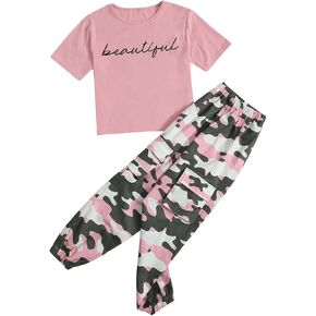 Girl's 2 Piece Outfits Letter Print Short Sleeve Tee Top and Camo Print Cargo Pants Set