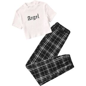 SOLY HUX Girl's Letter Print Short Sleeve Tee Top and Plaid Pants Set 2 Piece Outfits