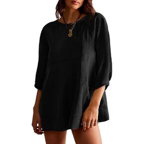 Tankaneo Womens 3/4 Sleeve Tunic Tops Casual Summer Peplum Flowy Oversized Babydoll Blouse Shirts