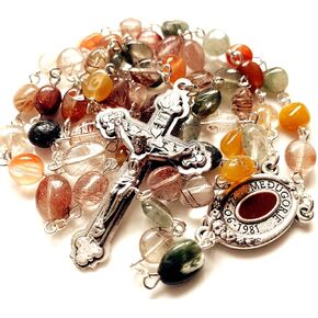 elegantmedical Handmade Natural Quartz Rutilated Beads Rosary Cross Catholic Necklace Gift Box