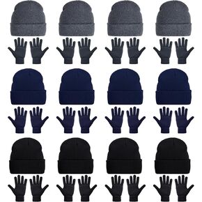 24 Pack Beanie Hats and Gloves Set, Knit Skull Caps and Winter Gloves Bulk for Men Women Warm Gift