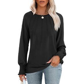ANRABESS Women's Tops Dressy Casual Long Sleeve Pleated Shirts Crewneck Loose Basic T-Shirt Blouses 2024 Trendy Fall Clothes