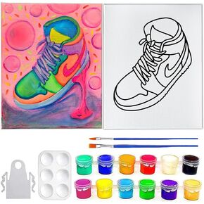 INDIGO ART STUDIO 8" by 10" Pre Drawn Canvas Sneakers #6 Acrylic Painting Art Activity 12 Premium Colors 2 Paint Brushes Smock Kids & Adult Sip and Paint Party Favor Party Suplies