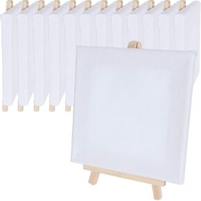 CertBuy 12 Pack 6" x 6" Stretched Canvas with Easel, Mini Wood Display Easel Canvas Kit for Painting Party, Kids Crafts, Oil Acrylic Paints, Signs, Photos