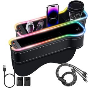 LED Car Seat Gap Filler Organizer Car Gap Filler with Cup Holder 10 Light Music Rhythm Modes USB and Type-C Charger Fit for iPhone Android (2 Pack)
