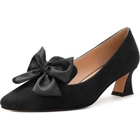 WAYDERNS Womens Bow Solid Bridal Suede Square Toe Slip On Fashion Kitten Low Heel Pumps Shoes 2 Inch