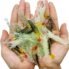 30Pcs Simulation Shrimp Saltwater Fishing Soft Plastic Lures Bait Kit, Lumionous Shrimp Lures Set Universal Size 3.2in, 1/8oz, Shrimp Fishing Tackle for Bass