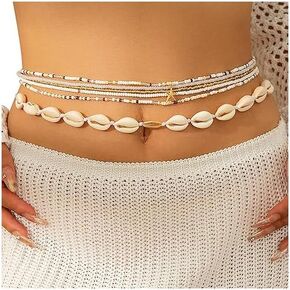 5Pcs Multi-layer Beaded Waist Chain Sets,Bikini Sexy Shell Pendant Belly Body Chain Stretch Beads Waist Jewelry Summer Beach Beads Body Accessory Jewelry for Women