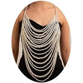 Xerling اللؤلؤ الصناعي شرابة الصدرية سلسلة الجسم متعددة الطبقات عارية الذراعين سلسلة الصدر هامش الرسن العلوي مجوهرات الجسم بيكيني اكسسوارات الجسم للنساء الفتيات الطرف (أبيض) in Kuwait