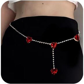 Rhinestone Body Chain Belt Crystal Belly Waist Chains Red Heart Pendant Belly Chain Summer Beach Bikini Body Jewelry for Women