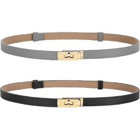 Women Thin Leather Adjustable Belts 2 Pack Skinny Belts with Alloy Turn Lock