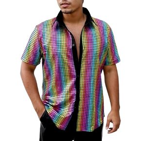 Funny World Mens 70s Disco Outfits Metallic Short Sleeve Sparkling Button up Sequin Shirts, Silver