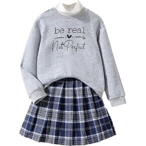 SOLY HUX Girl's Clothes Plaid Skirts Set Fall Winter 2 Piece Outfits Long Sleeve Sweatshirt and Skater Skirt Set