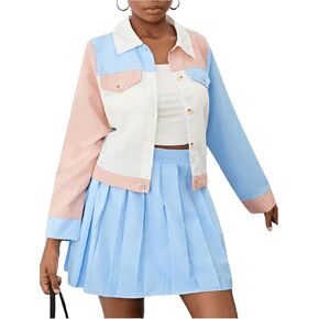 SOLY HUX Girl's 2 Piece Outfits Color Block Button Down Long Sleeve Shirt Tops and Pleated Skirt Set