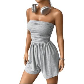 WDIRARA Women's Strapless Sleeveless Ruched Tube Romper Wide Leg Jumpsuit Shorts