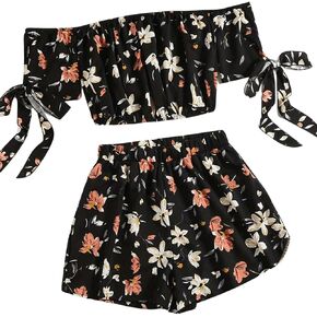 SHENHE Women's Floral 2 Piece Summer Outfits Off Shoulder Crop Top and Shorts Boho Set