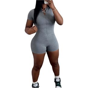 WDIRARA Women's Zip Front Short Sleeve Skinny Romper Casual Workout Jumpsuit Shorts