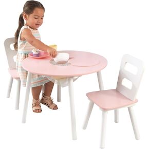 KidKraft Wooden Round Table & 2 Chair Set with Center Mesh Storage- Pink & White & 27-Piece Pastel Cookware Set, Plastic Dishes and Utensils for Play Kitchens, Gift for Ages 18 mo+