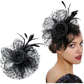 Halloween 1920s Headband for Women Flowers 2 In 1 Hair Clip Fascinator Mesh Face Veil Hairpin for Women Girls Wedding Halloween Cosplay Cocktail Tea Party, Black