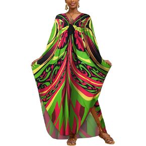 Bsubseach Women's Plus Size Kaftan Dresses Long Sleeve Caftan Swimsuit Colorful Loose Bathing Suit Maxi Beach Dress