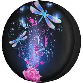 Abstract Sparkle Dragonfly Roses Spare Tire Cover 17 inch Waterproof Dust-Proof Universal Spare Wheel Tires Covers Fit for Jeep,Trailers, RV, SUV,Many Vehicle Diameter 31"-33"
