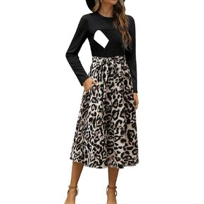 Women Nursing Dress Long Sleeve Floral Patchwork Ribbed Pregnancy Tie Waist Work Outfits with Pockets