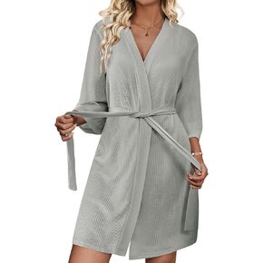 Ekouaer Waffle Robes for Women Lightweight Knit V Neck 3/4 Sleeve Kimono Bathrobe with Pockets Soft Sexy Spa Loungewear S-XXL