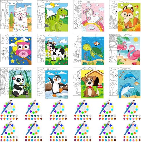 Ctosree 12 Packs Pre Drawn Canvas Kit for Painting Include 12 Pcs 5" x 7" Animal Pre Printed Canvas 36 Pcs Paintbrushes 12 Pcs Palettes 12 Sets Acrylic Paint Strips for Art Sip Party Supplies in Saudi Arabia