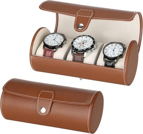 3-Slot Travel Watch Case Roll Organizer for Men, Vegan PU Leather Watch Display Storage Holder Case for Watch Collection (Brown) in Kuwait