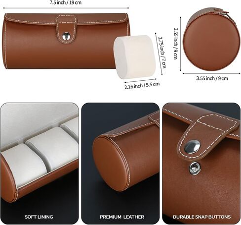 3-Slot Travel Watch Case Roll Organizer for Men, Vegan PU Leather Watch Display Storage Holder Case for Watch Collection (Brown) in Kuwait