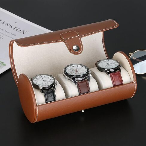 3-Slot Travel Watch Case Roll Organizer for Men, Vegan PU Leather Watch Display Storage Holder Case for Watch Collection (Brown) in Kuwait