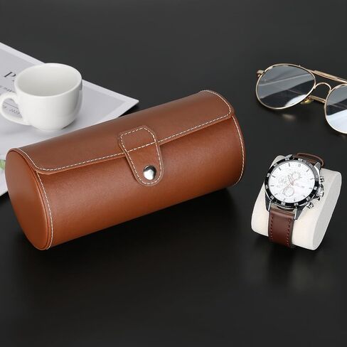 3-Slot Travel Watch Case Roll Organizer for Men, Vegan PU Leather Watch Display Storage Holder Case for Watch Collection (Brown) in Kuwait