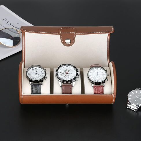 3-Slot Travel Watch Case Roll Organizer for Men, Vegan PU Leather Watch Display Storage Holder Case for Watch Collection (Brown) in Kuwait
