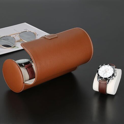 3-Slot Travel Watch Case Roll Organizer for Men, Vegan PU Leather Watch Display Storage Holder Case for Watch Collection (Brown) in Kuwait