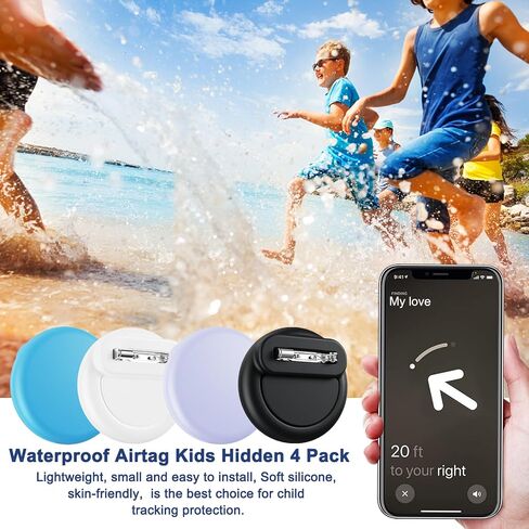 حامل AirTag مقاوم للماء للأطفال (4 عبوات)، حامل AirTag المخفي للأطفال مع دبوس غير مرئي، مضاد للضياع، للأطفال وكبار السن والأمتعة والملابس وحقيبة الظهر والسفر العائلي. (أسود، كحلي، رمادي، أرجواني) in Kuwait