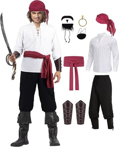 10 Pcs Pirate Costume Men Renaissance Costumes Adult Halloween Medieval Viking Ouifits Set Shirt Pants Accessories in Saudi Arabia