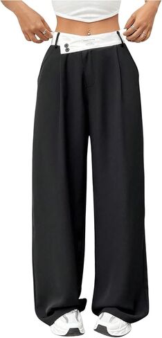 Verdusa Women's Color Block Asymmetrical High Waist Button Trousers Straight Leg Long Pants in Kuwait