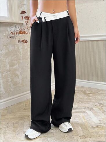 Verdusa Women's Color Block Asymmetrical High Waist Button Trousers Straight Leg Long Pants in Kuwait