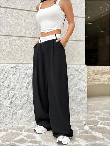 Verdusa Women's Color Block Asymmetrical High Waist Button Trousers Straight Leg Long Pants in Kuwait
