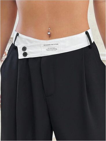 Verdusa Women's Color Block Asymmetrical High Waist Button Trousers Straight Leg Long Pants in Kuwait